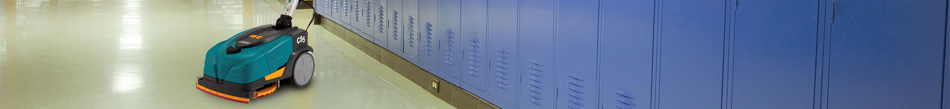 Tennant CS5 Micro-Scrubber cleaning a school hallway