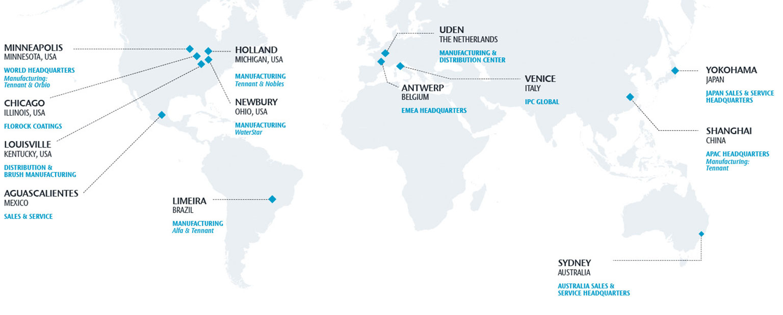 Emplacement des usines de la société Tennant à l’échelle mondiale