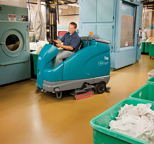 The T16 Battery-Powered Micro Scrubber scrubbing a facility.