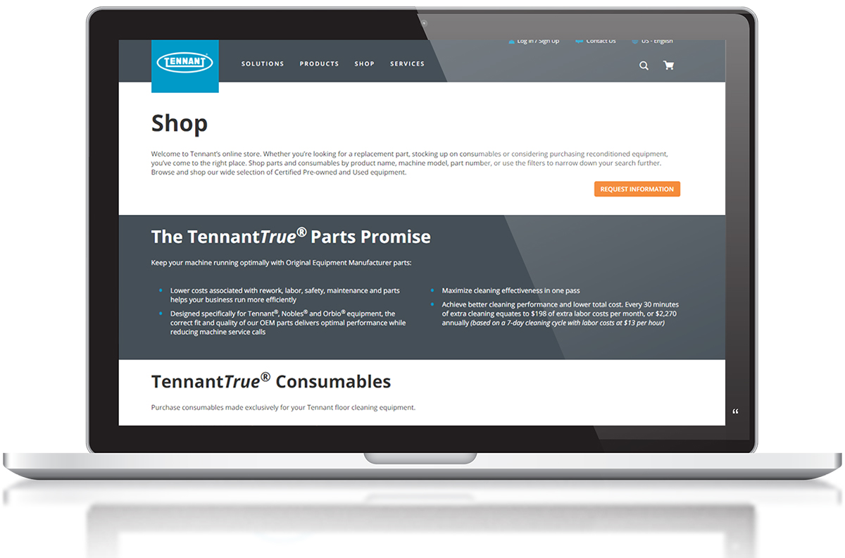 Tennant Website Shop for parts screen