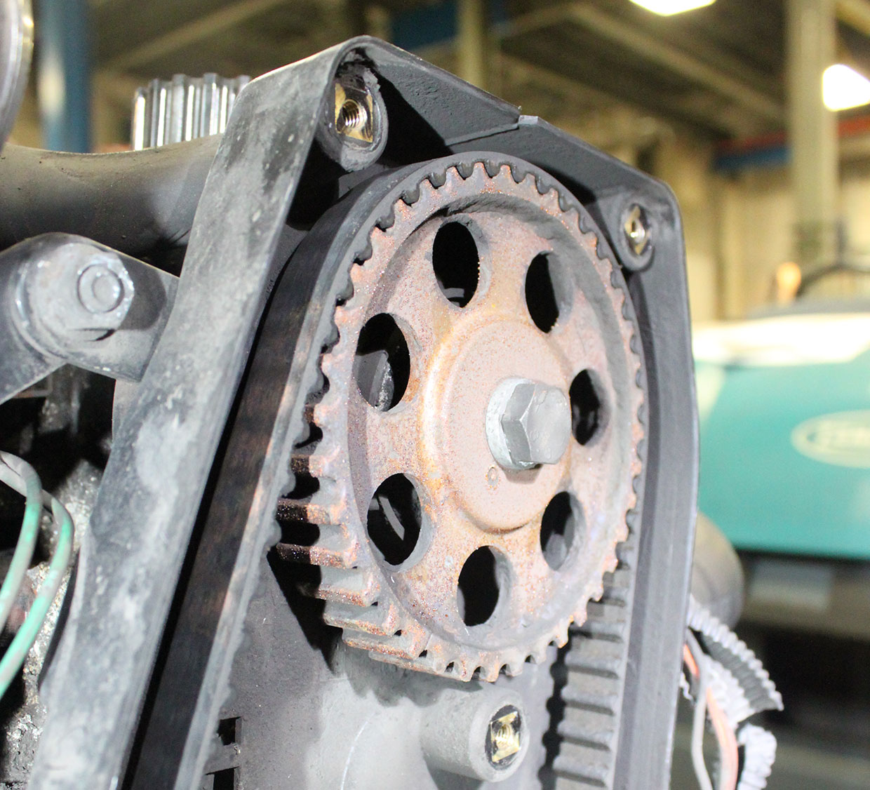 An example of an aging timing belt, one of the parts to monitor in older or well-used equipment