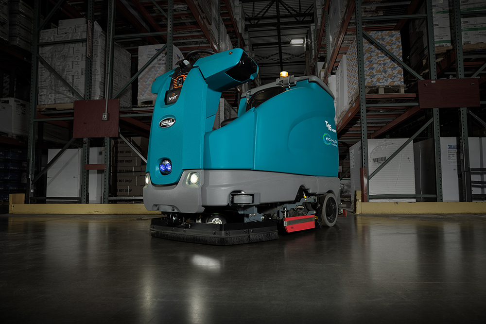 Tennant T16AMR Robotic Floor Scrubber ina Warehouse