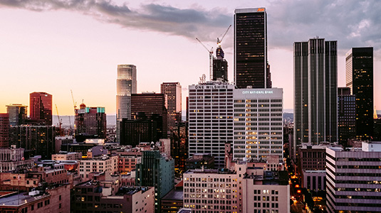 skyline of office buildings in city 