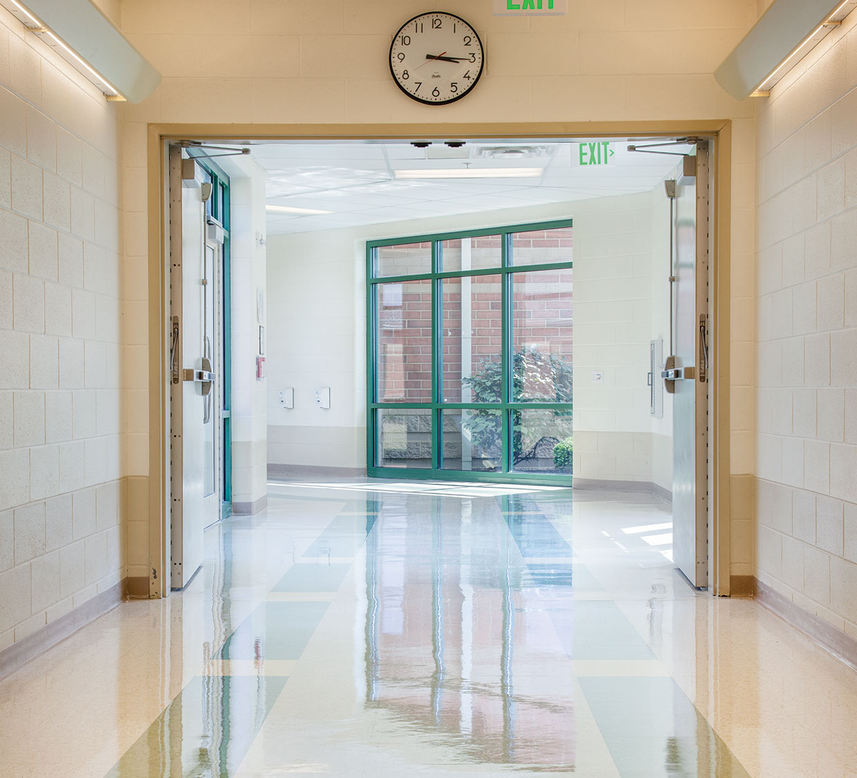 A shiny, newly coated floor in a school