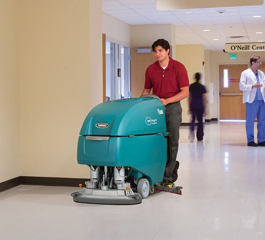 Tennant T500e Walk-Behind Floor Scrubber cleaning in a hospital Tennant T500e Walk-Behind Floor Scrubber cleaning in a hospital