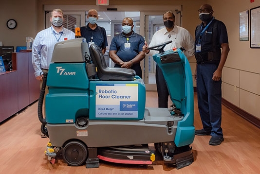 T7AMR Robotic Floor Scrubber cleaning a hospital T7AMR Robotic Floor Scrubber cleaning a hospital