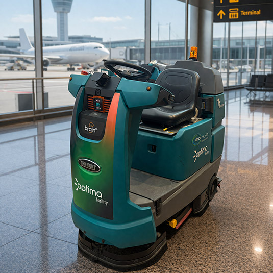 Tennant automatic floor scrubber machine cleaning the airport
