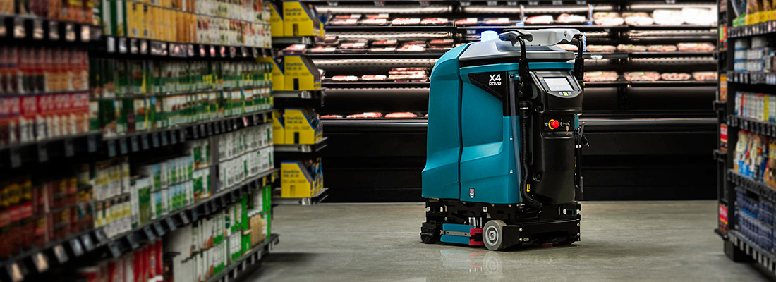 X4 ROVR Autonomous Scrubber cleaning in a grocery store