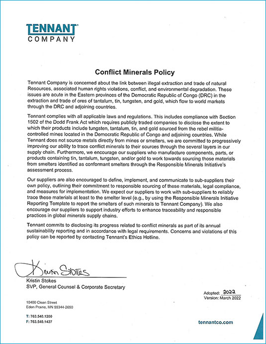 Tennant Conflict Mineral Policy Tennant Conflict Mineral Policy